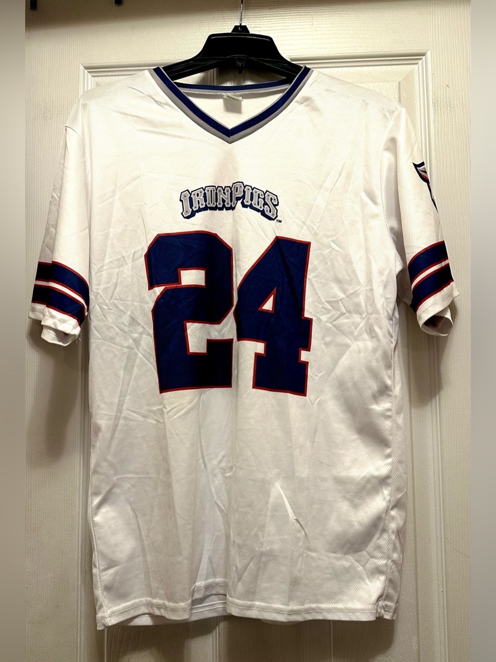 Men's White #24 Short-Sleeve Sports Jersey with Blue and Red Trim